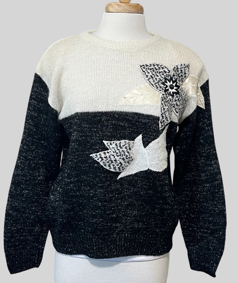 Vintage 80s P Galli Colorblock Sweater Wearable Art Applique Metallic Knit sz S